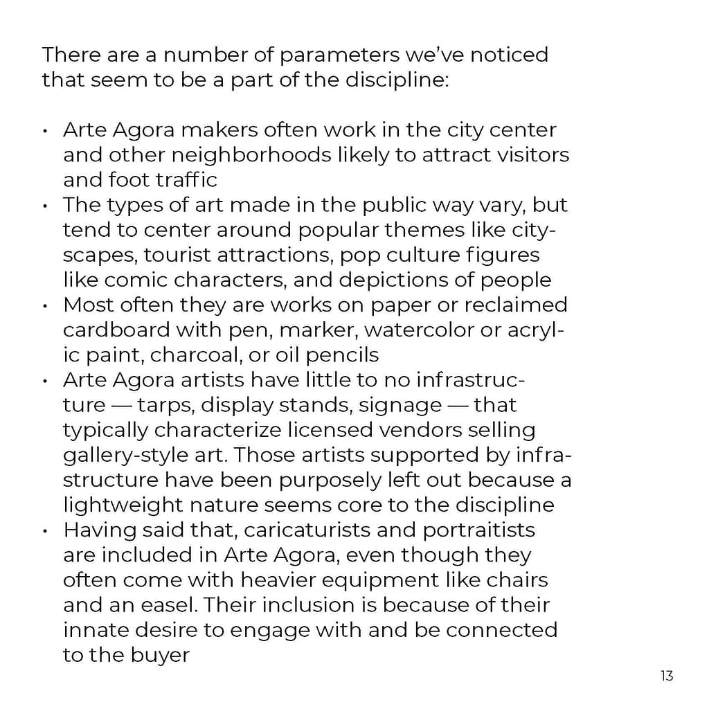 List of parameters relating to making art outside that relate to the discipline of Arte Agora